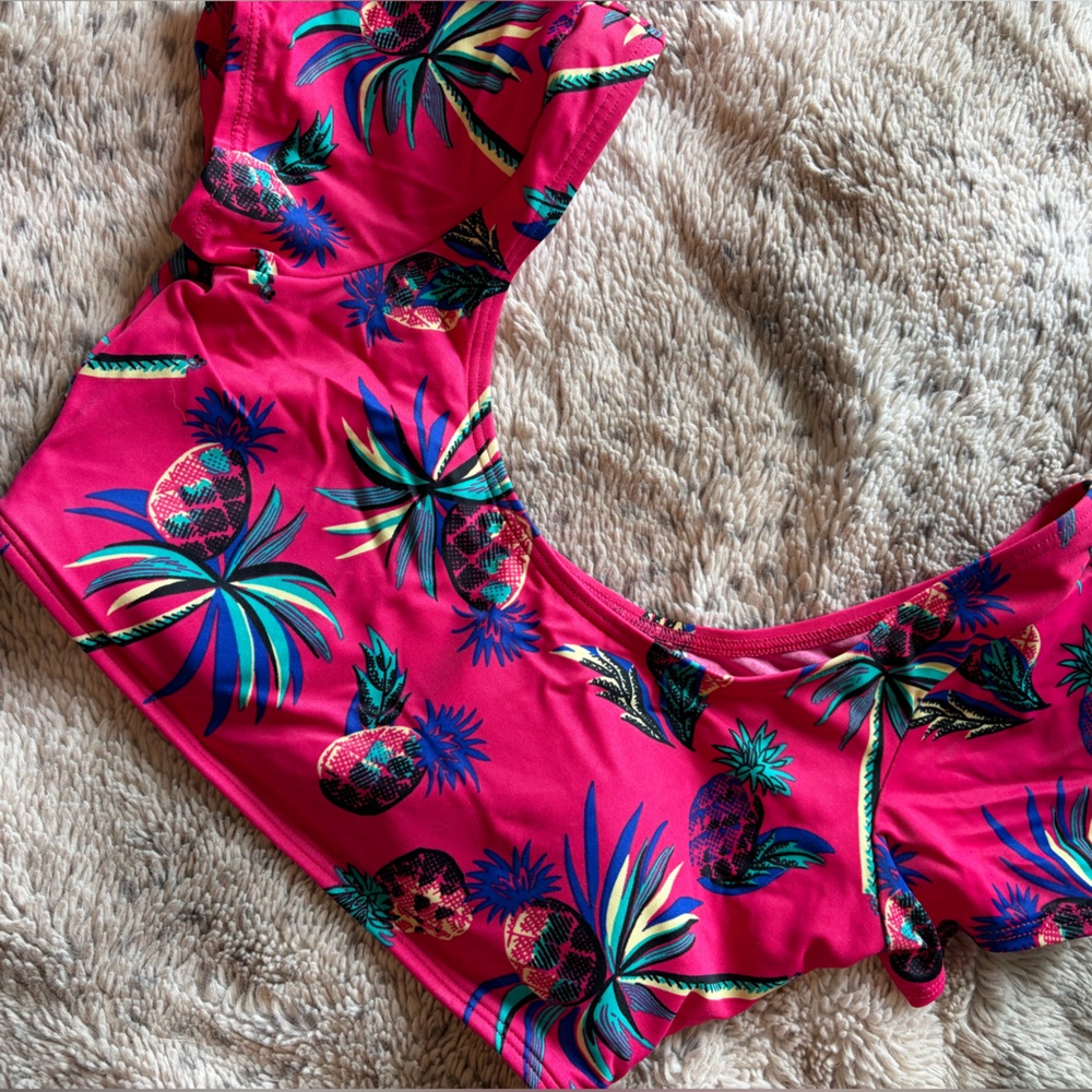 Roxy Hot Pink Tropical Print Swim Top with Royal Blue Accents